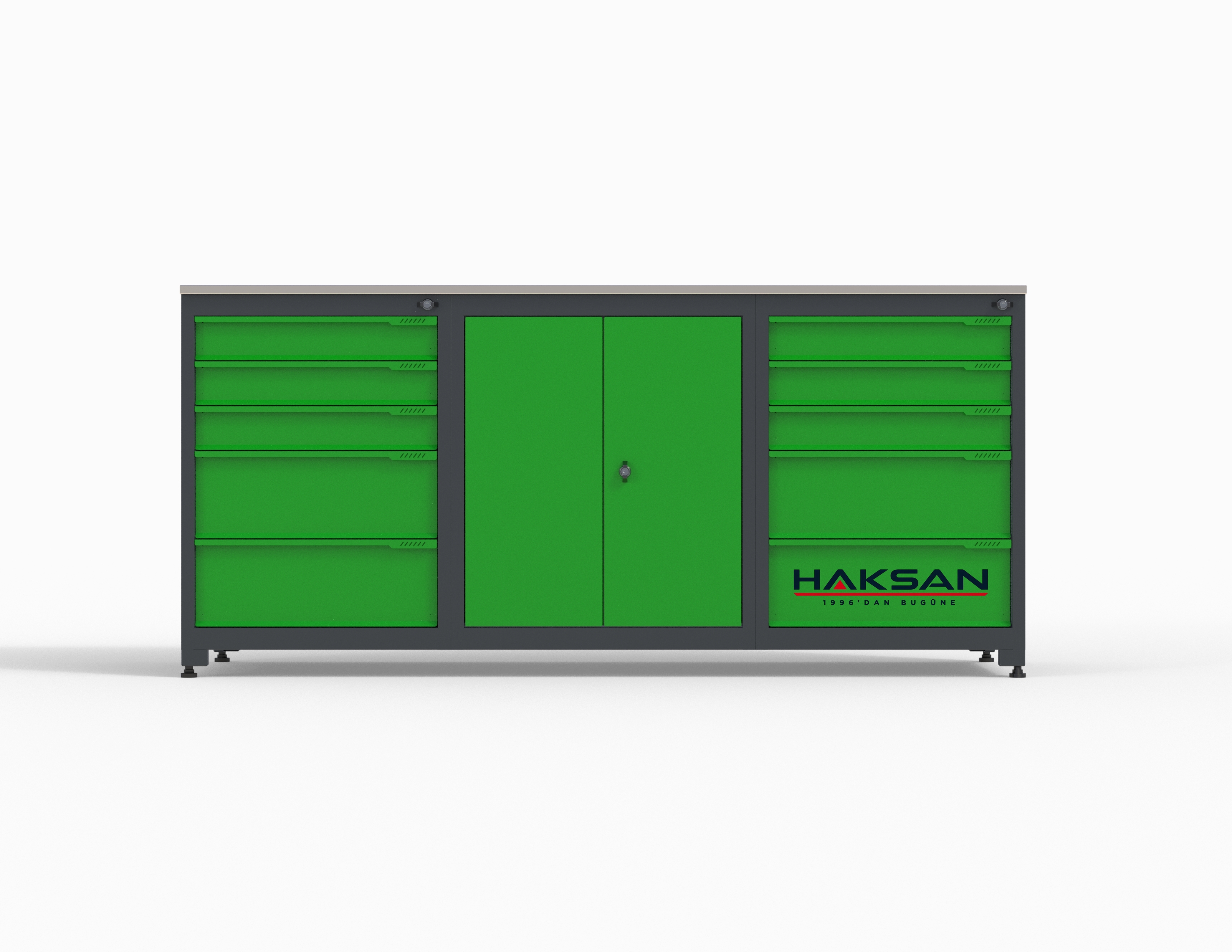 2 Metre 10 Çekmeceli Dolaplı Çalışma Tezgahı (Antrasit-Yeşil)