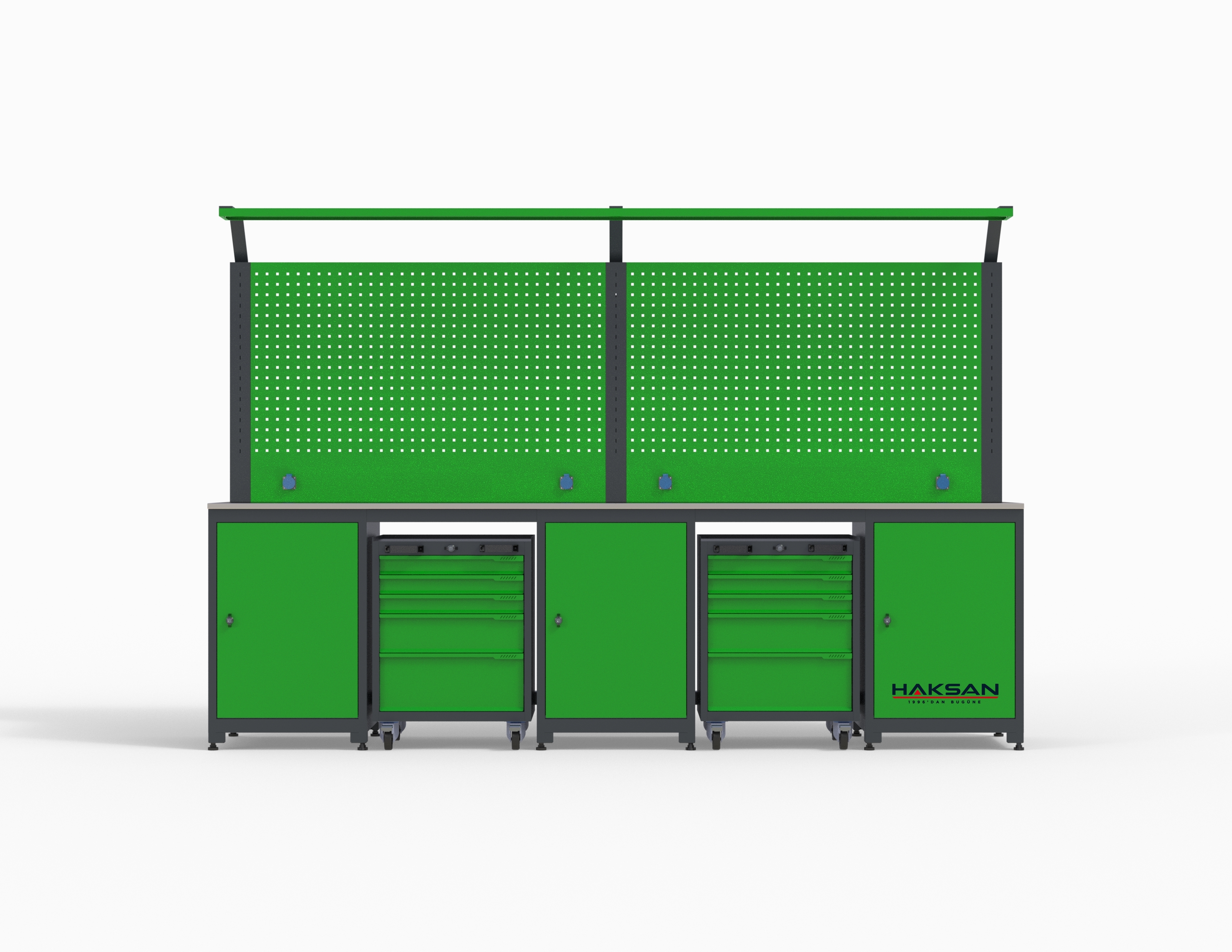 3 Metre 2 Takım Arabalı 3 Dolaplı Çalışma Tezgahı (Antrasit-Yeşil)