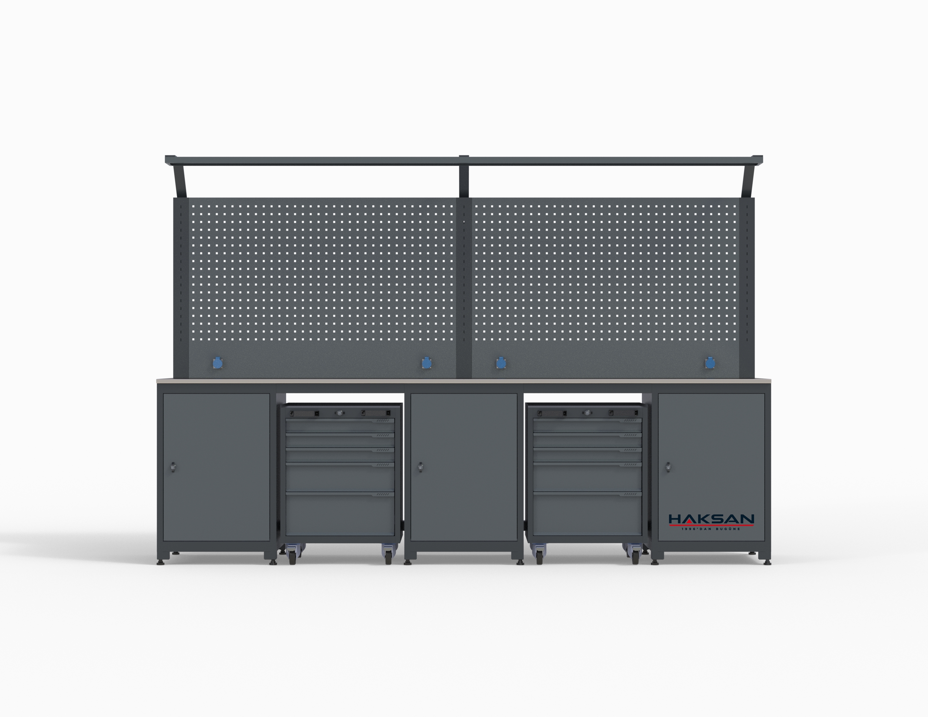 3 Metre 2 Takım Arabalı 3 Dolaplı Çalışma Tezgahı (Antrasit-Gri)